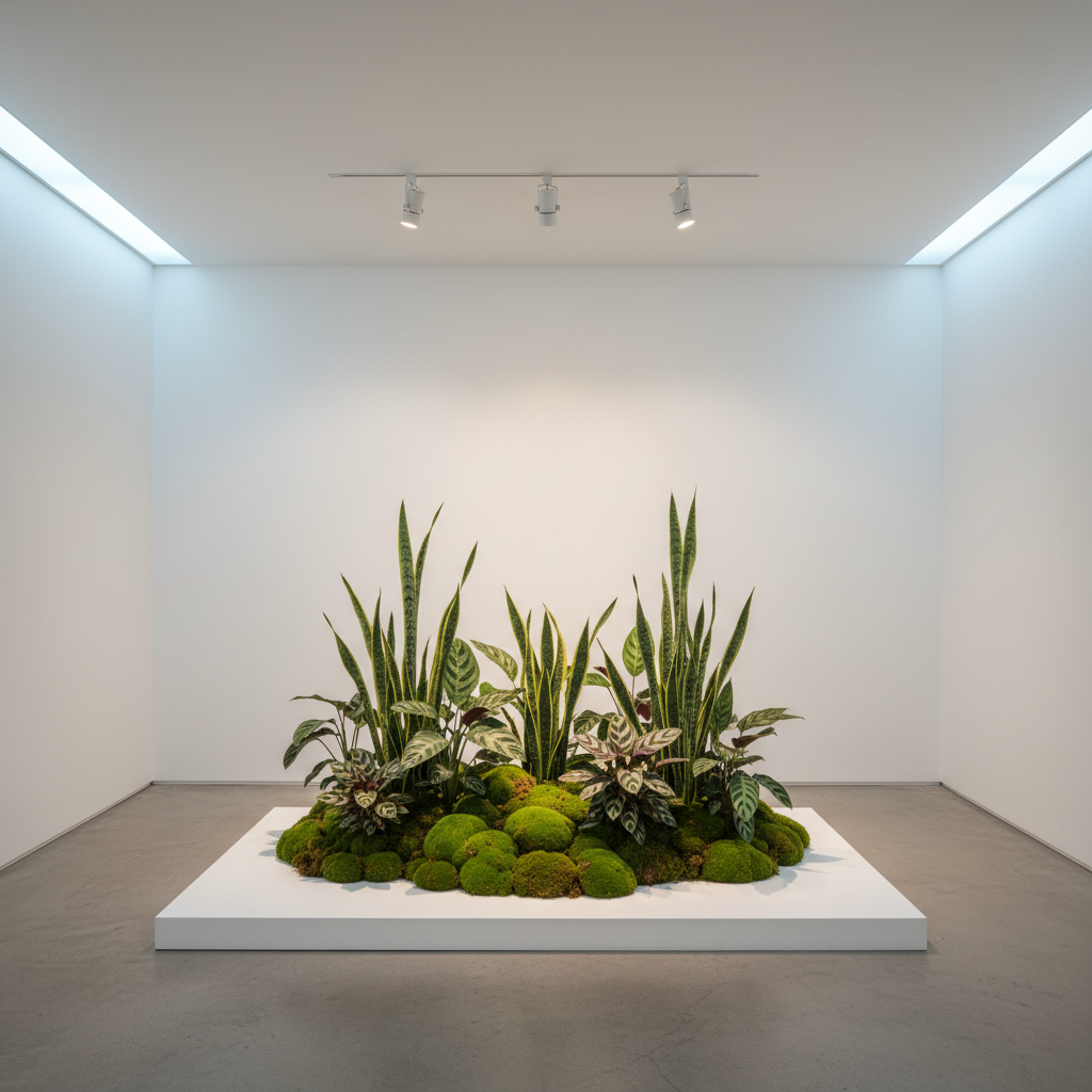 A minimalist, gallery-like exhibition booth where the central artwork is a meticulously curated island of green plants: structured snake plants, velvety-leaved calathea, and clusters of tiny moss mounds arranged on a low, seamless white platform. The surrounding walls are pure matte white with subtle spotlights directed only at the plant island, creating a theatrical yet serene focus. Overhead, diffused light from concealed fixtures adds a soft ambient glow. Photographed from a straight-on, eye-level view, the composition centers the plant island with generous negative space around it, emphasizing sophistication and calm. The photographic realism, clean lines, and quiet atmosphere highlight how plant design alone can create a powerful, healing focal point in exhibition spaces.