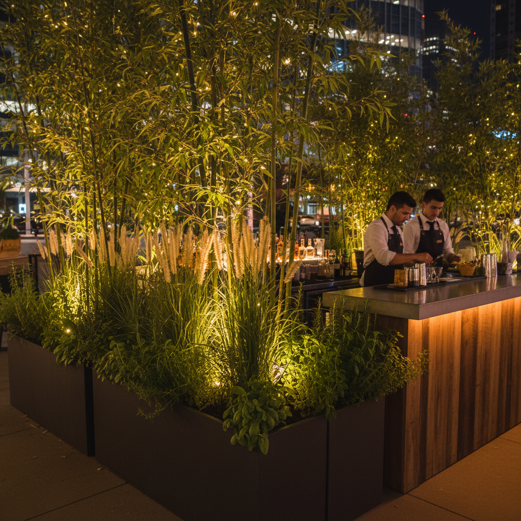 A night-time outdoor pop-up bar subtly cocooned by curated green installations: tall bamboo in slender charcoal planters, ornamental grasses swaying gently, and low planters of lush herbs creating a fragrant perimeter. Hidden warm fairy lights weave through the foliage, creating tiny points of light, while indirect floor uplights graze the plant textures, emphasizing their form. Captured from a low-angle, three-quarter perspective, the bar counter is partially framed by greenery in the foreground, with a softly blurred urban backdrop. The atmosphere is intimate, sophisticated, and slightly mysterious, rendered in photographic realism, demonstrating how therapeutic plant arrangements can transform a temporary night venue into an atmospheric green sanctuary.