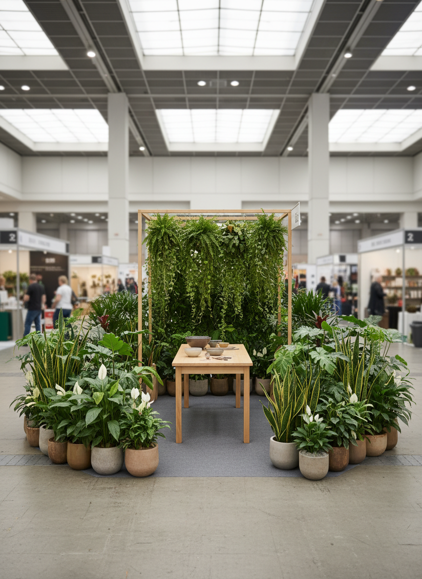 A serene workshop corner set up within an exhibition hall, defined entirely by plants: a semi-circular arrangement of mid-height foliage plants in textured, neutral-toned pots encircles a simple, light wood table. Behind, a freestanding frame supports a backdrop of hanging ferns and trailing plants forming a green curtain. Overhead, diffused daylight filters through translucent ceiling panels, giving a soft, even illumination. Photographed from a slightly elevated, wide-angle perspective, the composition emphasizes the enclosed, cocoon-like feeling of the plant boundary while keeping the hall’s structure subtly blurred. The vibe is calming and introspective, in photographic realism, showing how green arrangements can carve out intimate, therapeutic zones within larger, bustling venues.