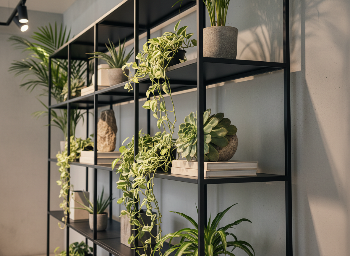 A sophisticated, multi-level plant display designed for a concept store pop-up: slender black steel shelving holds an artful mix of sculptural succulents, trailing pothos, and tall, feathery palms. Between the plants sit a few minimal stone objects and closed books in neutral tones, accentuating the greenery. The backdrop is a smooth, light grey concrete wall, subtly lit by soft overhead track lighting. Captured from a three-quarter angle at eye level, the focus is on the mid-shelf, with the upper and lower levels gradually softening out of focus, creating vertical depth. The mood is modern, contemplative, and quietly luxurious, in photographic realism, showcasing how green styling can shape visual rhythm and atmosphere in temporary retail environments.