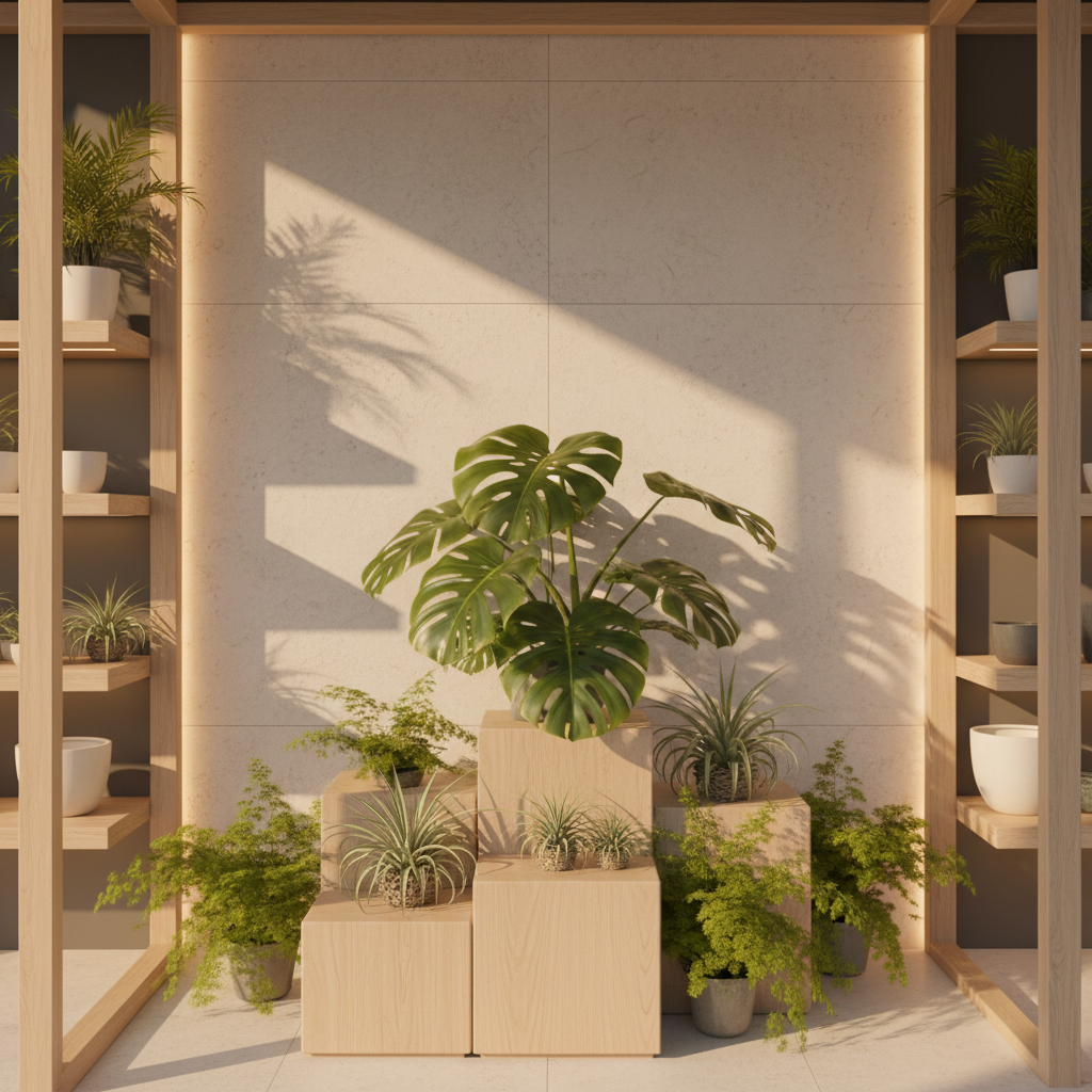 A refined pop-up retail corner elegantly enveloped by therapeutic greenery: sculptural monstera, delicate asparagus fern, and clusters of air plants arranged on staggered light wood plinths. A minimal, pale stone wall provides a serene backdrop, with subtle indirect LED strip lighting washing upwards. Natural afternoon light filters from the side, catching the edges of each leaf and creating soft, layered shadows. Shot from a slightly elevated angle with shallow depth of field, the focal point is a central statement plant composition, while the background shelves dissolve into a gentle bokeh. The atmosphere is tranquil yet luxurious, in photographic realism, conveying a sophisticated, healing plant experience designed for short-term brand activations.
