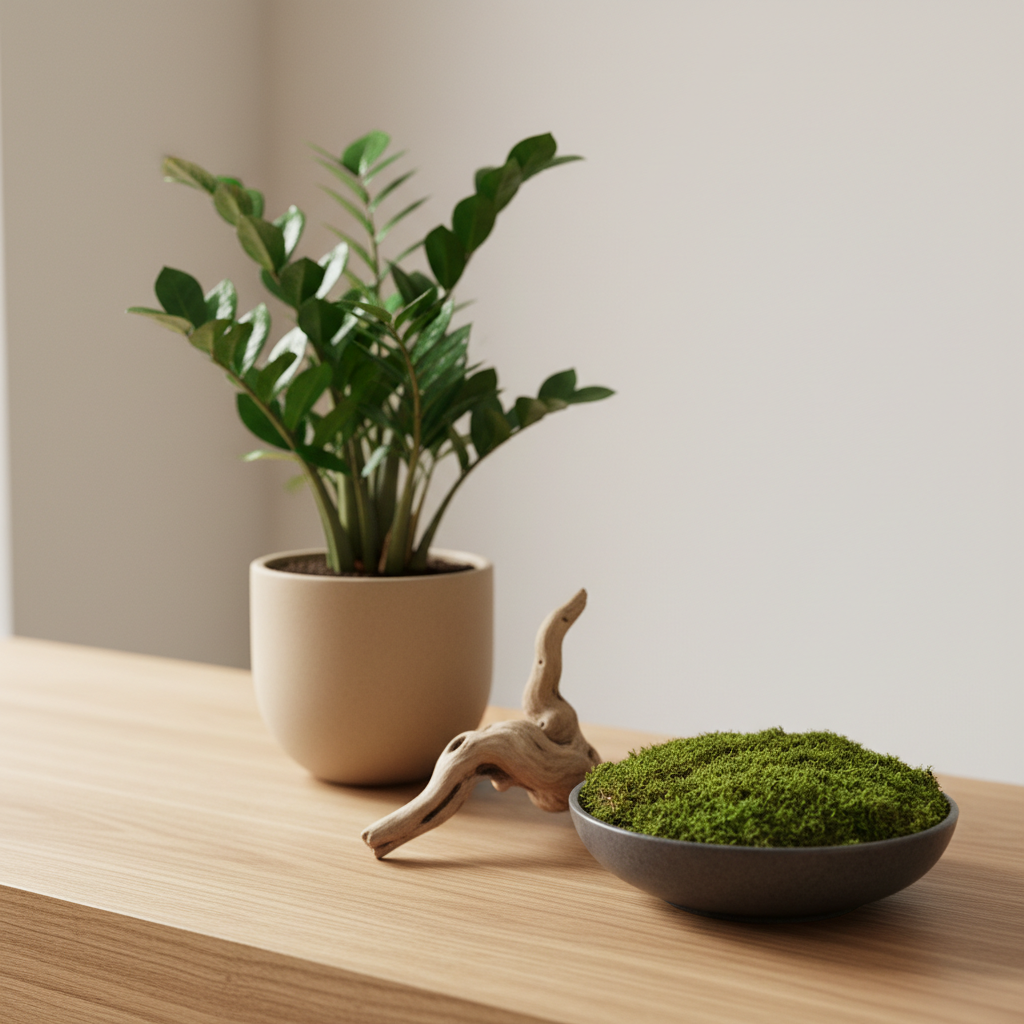 A detailed close-up of a therapeutic plant styling vignette for a reception counter: a deep green, glossy-leaved ZZ plant in a matte sand-colored ceramic pot, paired with a low bowl of cushion moss and a single sculptural driftwood piece. They rest on a finely grained light oak surface, with a soft off-white wall behind. Gentle morning light enters from the left, creating subtle reflections on the leaves and casting delicate, elongated shadows. Shot with a macro lens and very shallow depth of field, the front leaves are in razor-sharp focus while the background melts into creamy blur. The mood is serene, curated, and luxurious, in photographic realism, illustrating how small-scale compositions can elevate welcome areas with calming greenery.