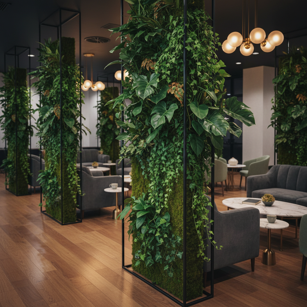 An elegant lounge-style event space subtly divided by tall, linear plant installations: narrow black metal frames filled with vertical arrangements of philodendron, trailing ivy, and preserved moss panels. The frames stand on a warm oak floor, subtly reflecting their dark silhouettes. Overhead, warm pendant lighting casts a golden, diffused glow, enhancing the deep greens and soft textures. Captured from a diagonal perspective using the rule of thirds, the foremost plant divider is in crisp focus while subsequent structures recede softly, creating a sense of depth and intimacy. The mood is cozy yet refined, evoking a sophisticated, therapeutic green retreat in photographic realism, ideal for high-end corporate gatherings or VIP areas.